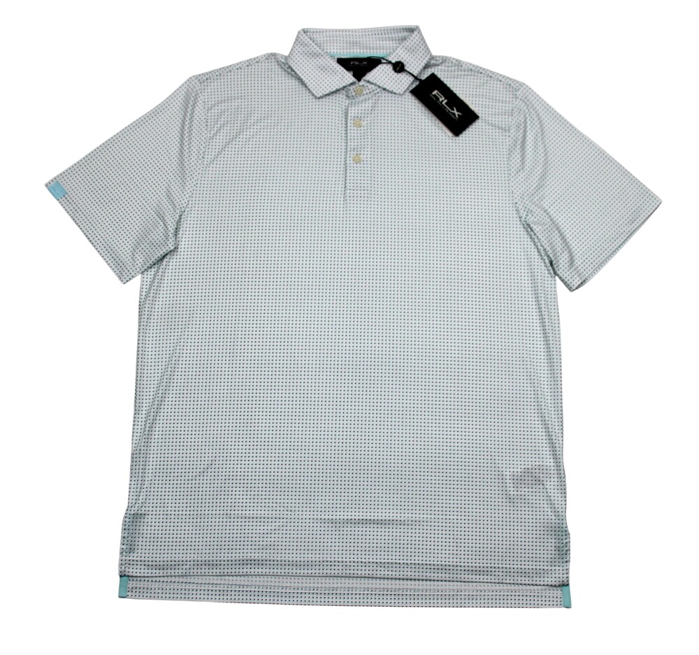 RLX Ralph Lauren Polo Shirt Mens M Aqua Blue Geometric Golf Jersey Stretch Knit